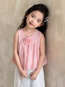 Conjunto de 2 piezas de blusa sin mangas con decoración floral dulce y pantalones de pierna ancha a rayas para niña joven, moda de verano - Rosa - Ver 5