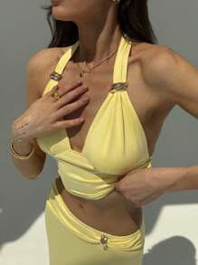 Aloruh Bộ 2 món gồm áo và chân váy hở lưng màu trơn gợi cảm dành cho nữ, thích hợp cho mùa hè. - Màu vàng - Xem 4