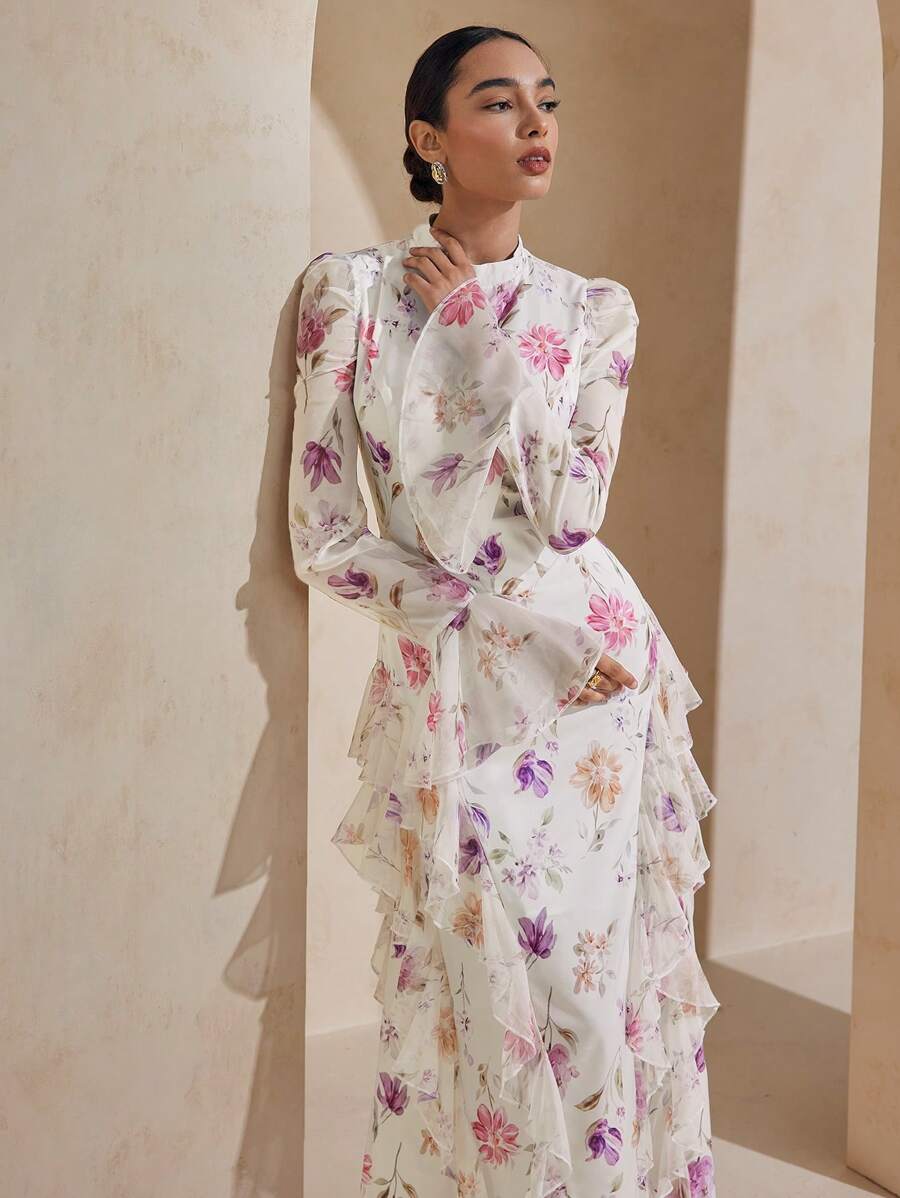 Graceveil Đầm nữ in hoa nhún bèo buộc eo thanh lịch kín đáo - Nhiều màu - Xem 1