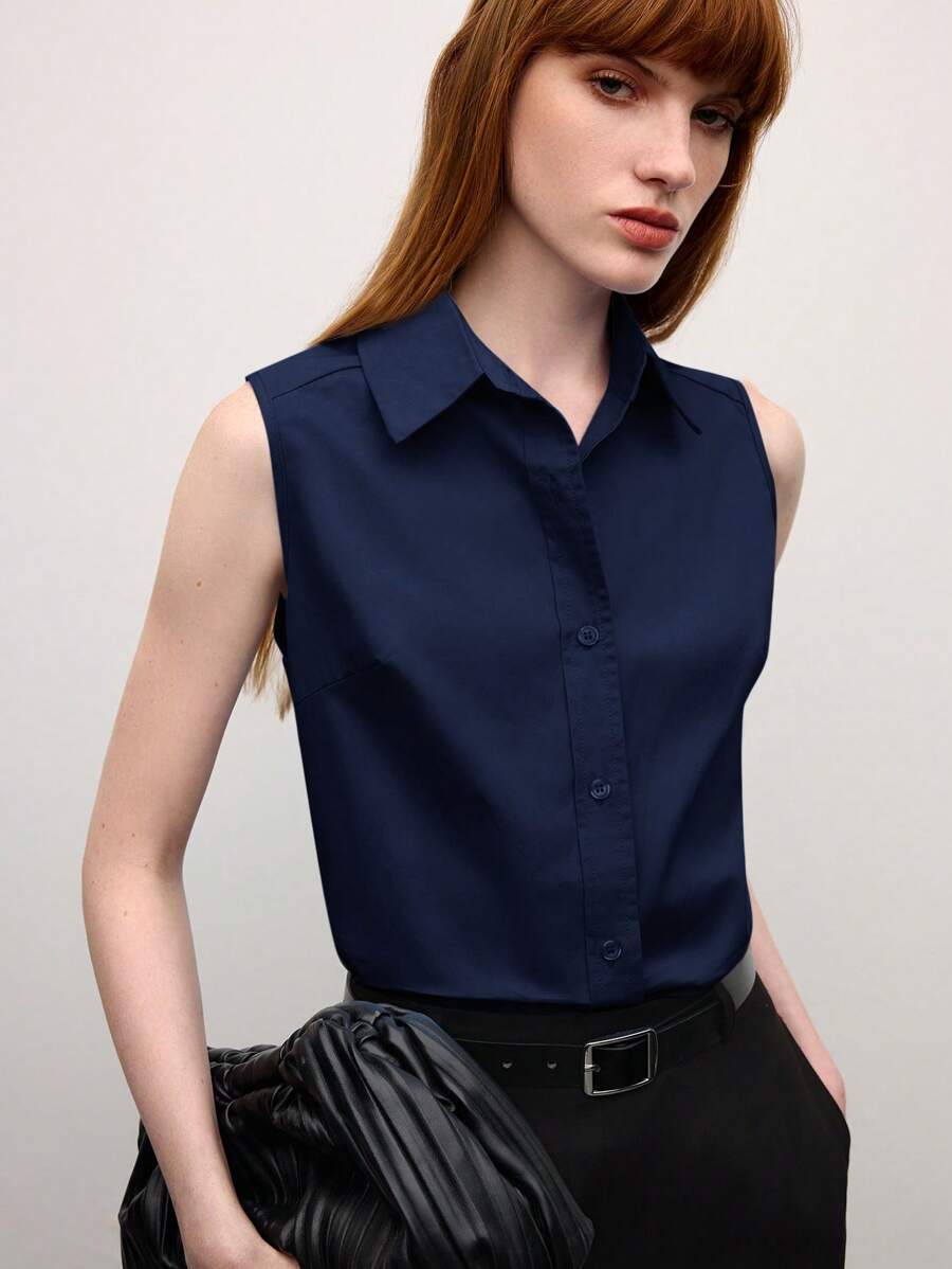 BizChic Áo sơ mi nữ không tay, màu xanh hải quân, chất liệu cotton, cổ ve lật, cài khuy đơn, kiểu dáng hiện đại, thanh lịch, phù hợp cho công sở, đi làm hàng ngày, mang phong cách lãng mạn thập niên 90, thích hợp cho Giáng sinh, Năm mới, Ngày Valentine, Tiệc tùng, Đi biển, Lễ tốt nghiệp, Thời trang, Lễ hội, Kỳ nghỉ, Phong cách lãng mạn cơ bản, Thích hợp cho khách dự đám cưới, chủ nhà, Đi chơi, Hẹn hò, Tiệc tùng, Buổi hòa nhạc, Biểu diễn sân khấu, Bữa ăn sáng muộn, Sân bay, Đa năng. - Màu xanh hải quân - Xem 1