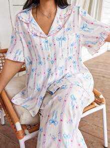 Dream Adore Plus Size Ruffled Collar Open Front Crinkled Ditsy Floral Bow Print Top & Pants Pajama Set, Cozy And Elegant Details - Multicolor - View 1