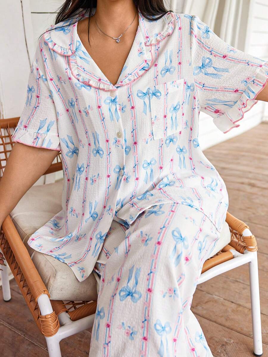 Dream Adore Plus Size Ruffled Collar Open Front Crinkled Ditsy Floral Bow Print Top & Pants Pajama Set, Cozy And Elegant Details - Multicolor - View 1