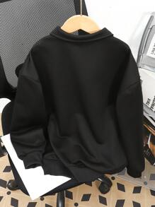 SHEIN Sudadera casual básica con media cremallera y cuello alto para niña preadolescente en gris jaspeado, sudadera con cremallera negra, sudadera negra con cuello alto, para otoño/invierno - Negro - Ver 2