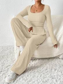 SHEIN Frenchy 2pcs/Set Women Solid Color Square Neck Long Sleeve Ribbed T-Shirt And Pants Casual Suit, Autumn Winter Spring - Apricot - View 6
