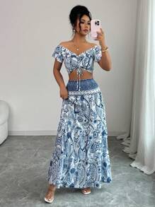 Elenzga 2 Pieces Set: Women's Print Cropped Shirt And Skirt