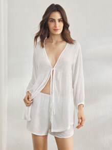 Ocili 休闲女士休闲柔软纯色插肩袖上衣和短裤睡衣套装 - 白色 - 查看 4