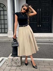 Pariaura Women's Khaki Casual Long Woven Fabric Pleated Skirt With Zipper Detail Elegant Skirt Elegant Midi Skirt Women Clothing Elegant Fall Cloth For Women