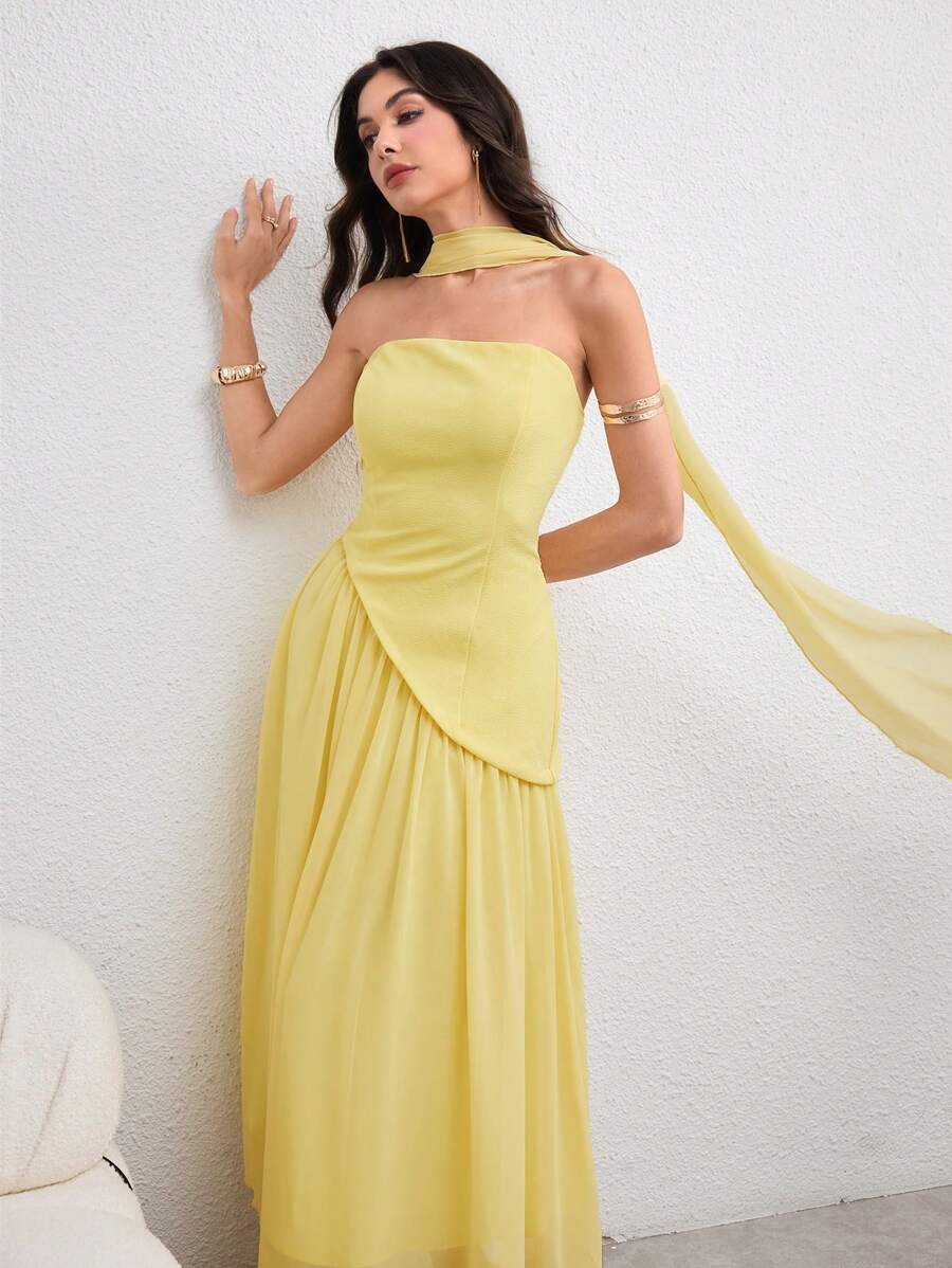 Modelyn Women's Long Asymmetrical Flounced Halter Dress, Elegant Charm, Light Yellow, For Spring And Summer Yellow Wedding Guest Dress Strapless Yellow Dress - Light Yellow - View 1