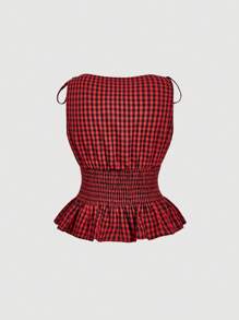 SHEIN MOD Regata Ajustada na Cintura com Laço nos Ombros, Xadrez Preto e Branco, Tamanhos Grandes - Preto - Visão 2