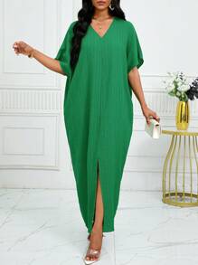 SHEIN Lady Spring And Summer Casual Green Woven Linen Notched Slit Batwing Sleeve Midi Tunic Dress Plus Size Dresses Vacation Outfits Woman Beach Outfits For Woman Beach Vacation Beach Dress Wedding Guest Dress Women Business Casual Woman Prom Dress