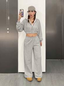 SHEIN Leap Crew Teen Girls' Casual Loose Drawstring Hoodie Cropped Sweatshirt And Sweatpants Set - Light Grey - View 4