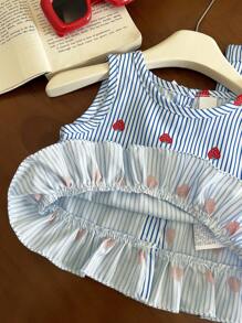 SHEIN Vintaside Kids 2pcs/Set Baby Girl Summer&Autumn Casual Style Strawberry-Printing Sleeveless Top&Long Pants - Blue - View 3