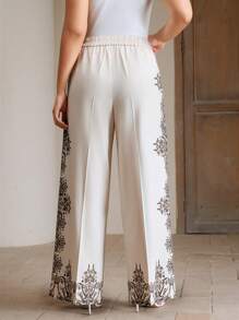 Anewsta Plus Size Women Elegant High-Rise Straight Printed Long Suit Pants - Apricot - View 2