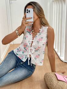 SHEIN Frenchy 女士无袖系带刺绣激光切割贝壳边衬衫 - 粉色 - 查看 7