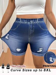 SHEIN CURVE+ 大码女式松紧腰休闲紧身裤，舒适弹力牛仔印花面料，夏季/乡村/海滩度假装/沙滩装/沙滩装 - 藍色 - 查看 7