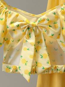 2pcs Pineapple Print Top & Ribbed Pants Girls Vacation Outfit Set - Yellow - View 6