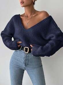 SHEIN Cottnline Women Casual & Simple V-Neck Loose Drop Shoulder Solid Color Sweater, Suitable For Autumn/Winter - Navy Blue - View 3