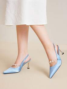MOTF 女士人造珍珠装饰高跟鞋，优雅尖头细高跟鞋 - 淺藍色 - 查看 6