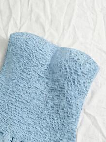 SHEIN Unity 海军蓝度假风褶皱无袖紧身胸衣腰部收紧镂空刺绣荷叶边下摆优雅连衣裙 - 淺藍色 - 查看 5