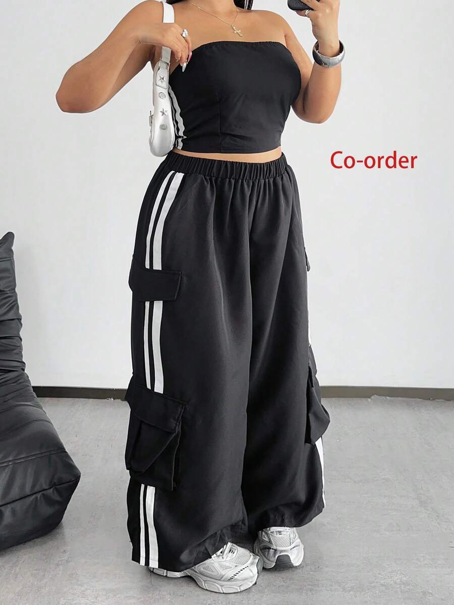 POPSWAY Damen Große Größen Lässig Schwarz & Weiß Gestreiftes Trägertop + Gestreifte Weit geschnittene Cargohose mit großen Taschen