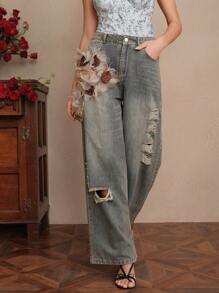 SHEIN Unity Modne, eleganckie i romantyczne jeansy damskie z 3D kwiatowym wzorem i przetarciami, z wysokim stanem i prostymi nogawkami - Niebieski - Zobacz 3