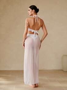 Swim Oasis Conjunto de 3 piezas de traje de baño para mujer - Traje de playa de color liso de alta gama con detalles metálicos - Blanco - Ver 3