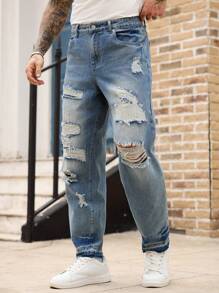 Manfinity LEGND 男士休闲水洗破洞锥形牛仔裤 男士街头风牛仔裤 男士破洞宽松牛仔裤 - 藍色 - 查看 1