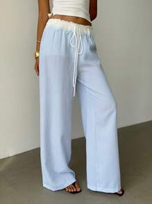 Siren Gaze Women's Lace Ruffle Waisted Loose Blue And White Striped Straight Casual Pants, Beach Pants, Summer Wide Leg Pants Summer Trousers Low Rise Pants Vacation Outfits Woman