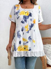 EMERY ROSE Plus Size Women Floral Ruched Print Contrast Lace Trim Relaxed Fit Summer Knitted T-Shirt - Multicolor - View 5