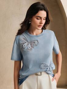 Anewsta 复古度假风格蝴蝶刺绣镂空半透明女式T恤 - 藍色 - 查看 7