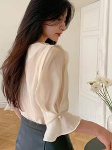 DAZY 女式半透明领口七分袖褶皱衬衫