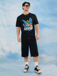 SUPERMAN X SHEIN Men's Black Letter & Graphic Round Neck Short Sleeve T-Shirt