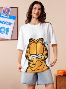 GARFIELD | SHEIN 情侣趣味卡通猫咪印花T恤，适合男朋友约会，白色，夏季 - 白色 - 查看 7