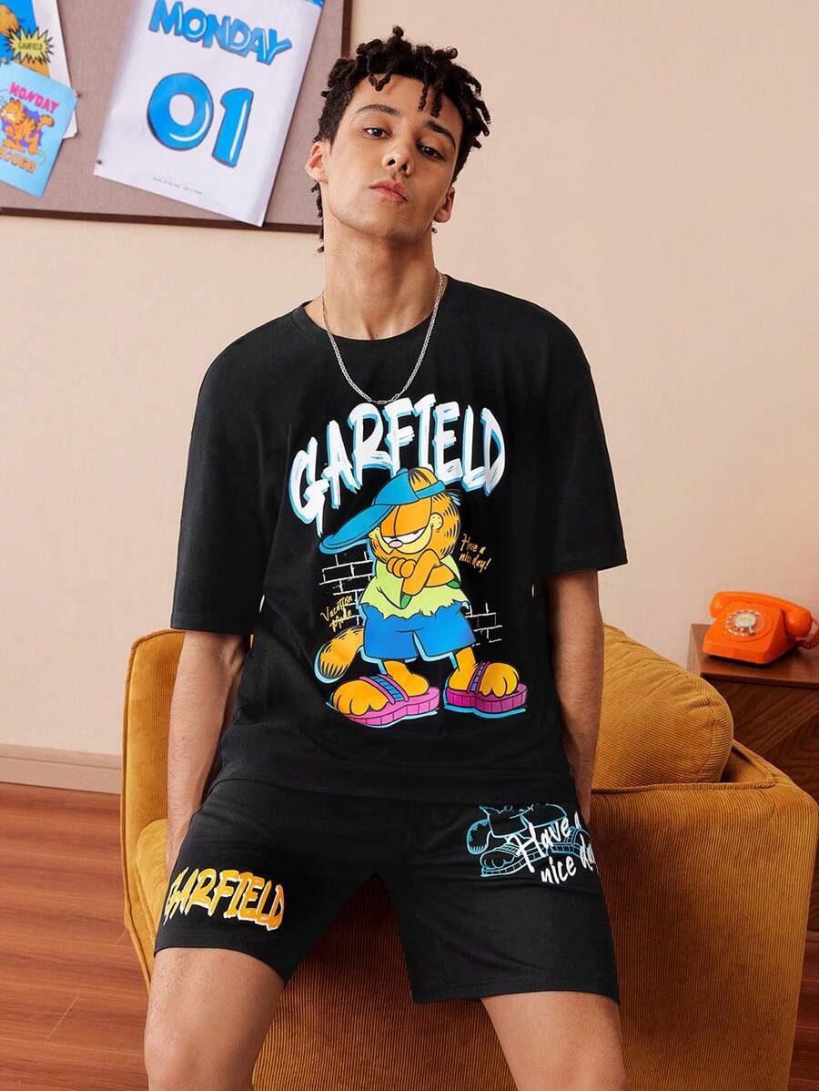 GARFIELD | SHEIN 男士休闲宽松卡通猫咪印花圆领T恤短裤黑色套装，夏季 - 黑色 - 查看 1