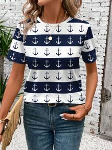 SHEIN LUNE 女式海军蓝船锚条纹圆领 T 恤，夏季休闲装