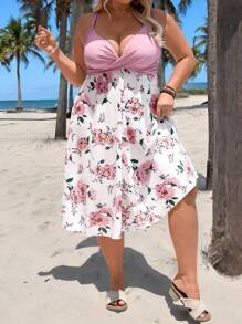 SHEIN CURVE+ Plus Size Women Floral Print Criss-Cross Design Casual Strap Swim Dress Summer/Country/Beach Vacation Outfits/Beach Outfits/Beach Wear