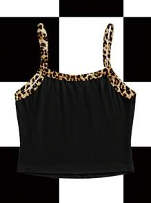 MICHELLE K GRAPHICS Black, Colorblock, Leopard Print, Peace & Love, Slogan, Sexy, Casual Y2K Style Cropped Fitted Tank Top For Women, Suitable For Summer, EDC, Music Festivals Club Going-Out Back To School 2000s Style - Black and White - View 2