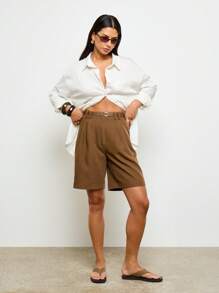 AiiRZ 专业百慕大休闲短裤及膝办公室装褶皱阔腿裤配腰带经典商务休闲夏季春季 - 棕色 - 查看 3