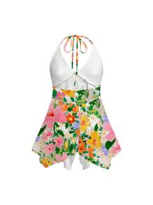 Shutterstock Women's Colorful Floral Print V-Neck Halter Beach Tank Top For Summer