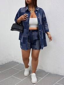 SHEIN SXY Plus Size Women Festival Denim Shorts, No Stretch, Unique Jacquard Weave, Sexy & Modest Autumn Clothes, Baggy Jeans