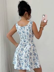 Breezaya 女式无袖方领系带腰部 A 字形碎花迷你连衣裙 - 藍色 - 查看 1