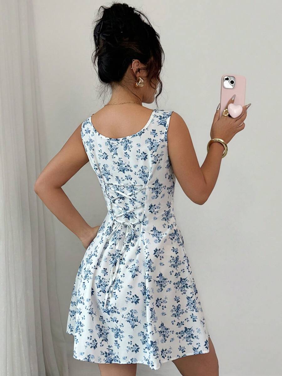 Breezaya 女式无袖方领系带腰部 A 字形碎花迷你连衣裙 - 藍色 - 查看 1