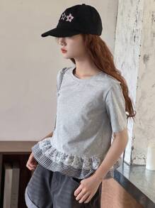 Dazy Kids 少女基本款休闲T恤，蕾丝和格子下摆拼布 - 灰色 - 查看 2