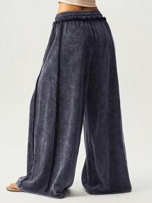 Bohemela Casual Knitted Snow-Washed Solid Color Patchwork Loose Wide-Leg Washed Women's Pants Wide Leg Pants Palazzo Pants Flowy Pants Oversized Pants Loose Pants - Grey - View 2
