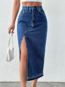 EURMUSE Zipper Fly Raw Edge Split Thigh Denim Skirt - Dark Wash - View 1