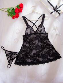 SHEIN 2 Pieces Set Sexy Lace Patchwork Nightgown For Going Out, Baddie Look - Black - View 1