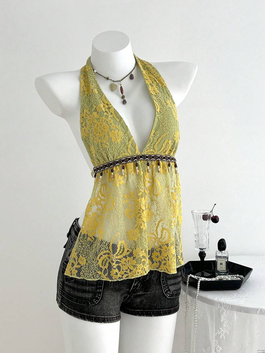 SHEIN Unity 性感蕾丝系带挂脖流苏沙滩罩衫 - 芥末黃 - 查看 1