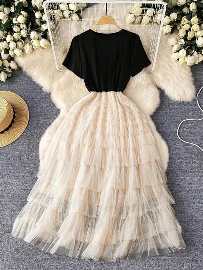 SHEIN Unity Plus Size Women's French Retro Elegant Sweet Layered Tulle Romantic Dress, Spring Dress