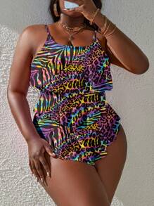 Slaydiva Plus Size Animal Print One-Piece Swimsuit, Vacation And Beach - Multicolor - View 4