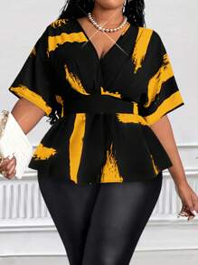 Maweii 大码女式休闲黑白印花褶皱落肩袖褶皱后背衬衫，春夏百搭设计 - 彩色 - 查看 6